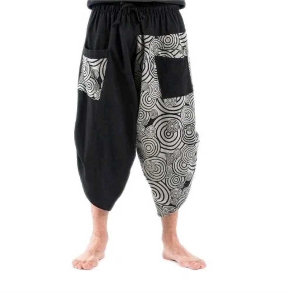 Harem Pants Adult Unisex Sz XS Baggy Wide Leg Cropped Black Patch Pockets